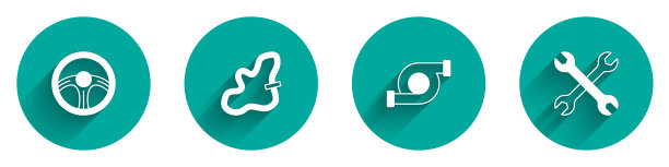 设置赛车方向盘，轨道，汽车涡轮增压器和扳手扳手图标的长阴影。向量图片下载