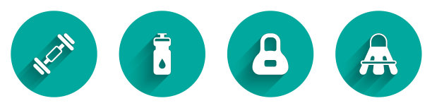 设置哑铃，健身摇壶，重量和羽毛球羽毛球图标与长阴影。向量图片下载