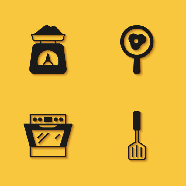 设置鳞片，刮刀，烤箱和煎蛋图标煎锅长阴影。向量图片下载