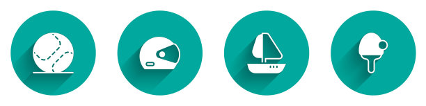 设置棒球，赛车头盔，游艇帆船和球拍图标的长阴影。向量图片下载