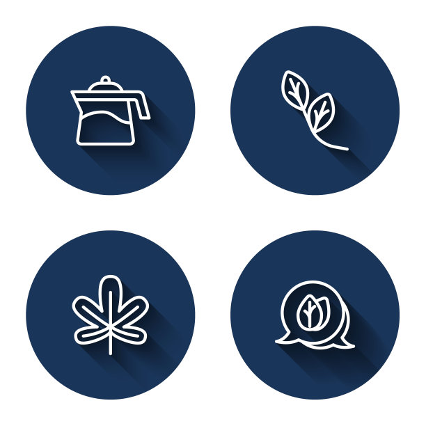 设置线茶壶，叶，栗叶和长影。蓝色圆按钮。向量图片下载