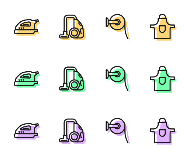 设置线厕纸卷，电熨斗，吸尘器和厨房围裙图标。向量图片下载
