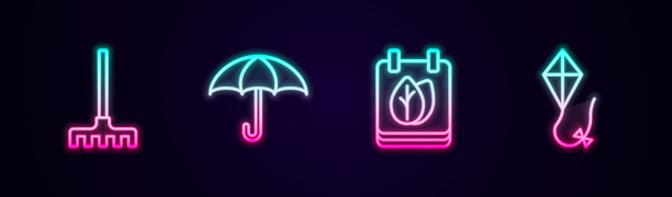 设置线花园耙子，雨伞，日历与秋天的树叶和风筝。发光的霓虹灯图标。向量图片下载
