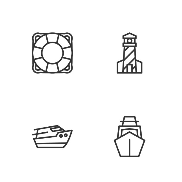 设置游艇、帆船、快艇、救生圈和灯塔图标。向量图片下载