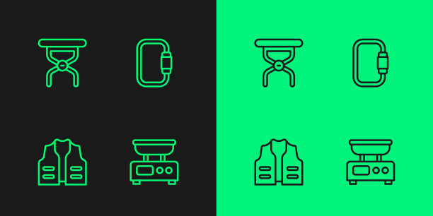 集线形电子秤，钓鱼夹克，野营折叠椅和钩环图标。向量图片下载