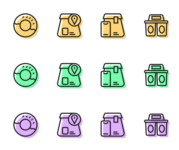 设置在线订购食品，甜甜圈和咖啡杯的图标。向量图片下载