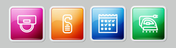 设置行礼帽，请勿打扰，酒店预订台历及电熨斗。丰富多彩的广场按钮。向量图片下载