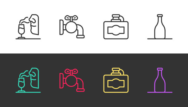 设置线侍酒师，水龙头桶，纸箱葡萄酒和酒瓶上的黑白。向量图片下载