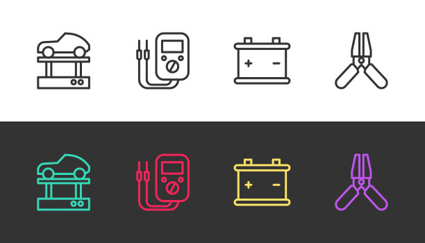 设置线路在升降机上修理汽车，万用表，汽车电池和跳线电缆在黑色和白色。向量图片下载