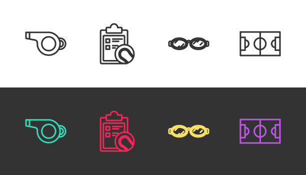 设置线哨子，检查记录板和网球，游泳和足球场地的眼镜黑白。向量图片下载