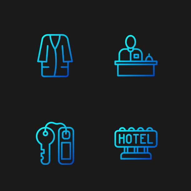 酒店、门锁钥匙、浴衣、前台。渐变颜色图标。向量图片下载
