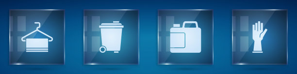 把毛巾放在衣架上、垃圾桶上、清洁剂瓶上、橡胶手套上。方形玻璃面板。向量图片下载