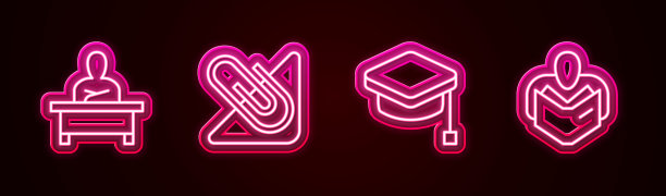 男生坐在书桌前，夹着回形针，戴着毕业帽，男生在看书。发光的霓虹灯图标。向量图片下载