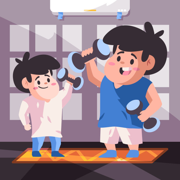 父亲和他的儿子教练在室内健身房玩哑铃健身和健康现代卡通平面颜色孤立的背景插图图片下载