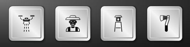 设置智能农场与无人机，农民在帽子，水塔和木斧图标。银广场按钮。向量图片下载