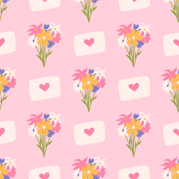 花束与信封情人节，向量无缝图案在粉红色的背景图片下载