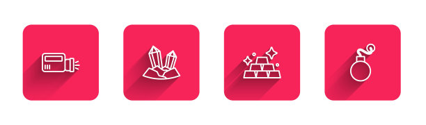 设置闪光灯，宝石，金条和炸弹的长阴影线。红场按钮。向量图片下载