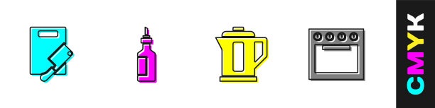 设置砧板和剁肉刀，橄榄油，电水壶和烤箱图标。向量图片下载