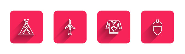 设置线印第安帐篷或棚屋，风力涡轮机，曲棍球球衣和橡果与长影子。红场按钮。向量图片下载
