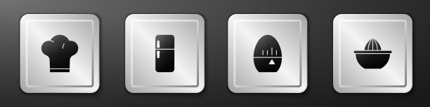 设置厨师帽，冰箱，厨房定时器和柑橘果汁机图标。银广场按钮。向量图片下载