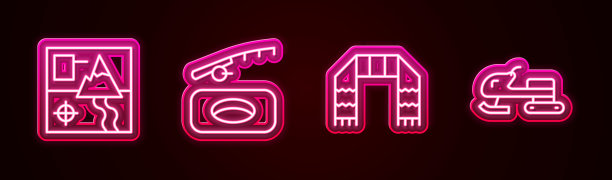 设置线折叠地图，冬季钓鱼，围巾和雪地摩托。发光的霓虹灯图标。向量图片下载