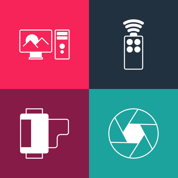 设置波普艺术相机快门，卷筒，相机遥控器和照片修饰图标。向量图片下载