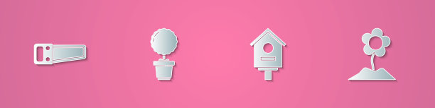 设置剪纸手锯，花盆里的花，鸟房子和图标。纸艺术风格。向量图片下载