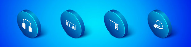 设置等距耳机，办公桌，时钟和书架与书籍图标。向量图片下载