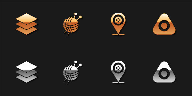 设置层服装纺织品，纱线球与针织针，位置裁缝店和缝纫粉笔图标。向量图片下载