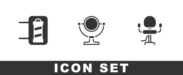 设置理发店柱、圆形化妆镜、理发店椅标。向量图片下载