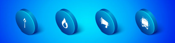 设置等距燃烧匹配火焰，扩音器，消防车和火焰图标。向量图片下载