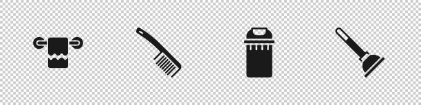 设置毛巾在衣架上，发刷，垃圾桶和橡胶活塞图标。向量图片下载