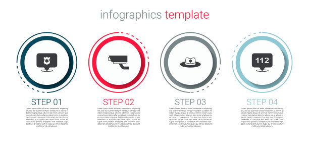 设置警徽，安全摄像头，警长帽和电话112。业务信息模板。向量图片下载
