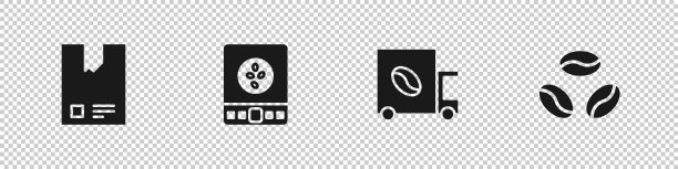 设置咖啡豆袋，电子秤，咖啡街头卡车机和图标。向量图片下载