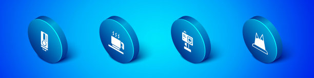 设置等距气象温度计，行动相机，山脉和热巧克力杯图标。向量图片下载