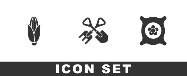 设置玉米，铲子和耙子和装满种子的植物图标。向量图片下载