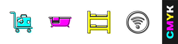 设置行李箱，浴缸，酒店房间床和Wi-Fi无线图标。向量图片下载