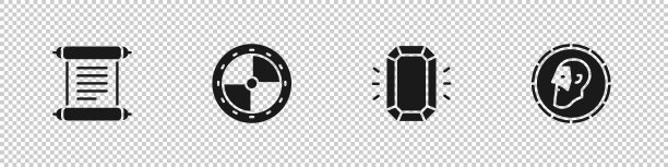 设置法令，羊皮纸，卷轴，圆形木制盾牌，钻石和古代硬币图标。向量图片下载