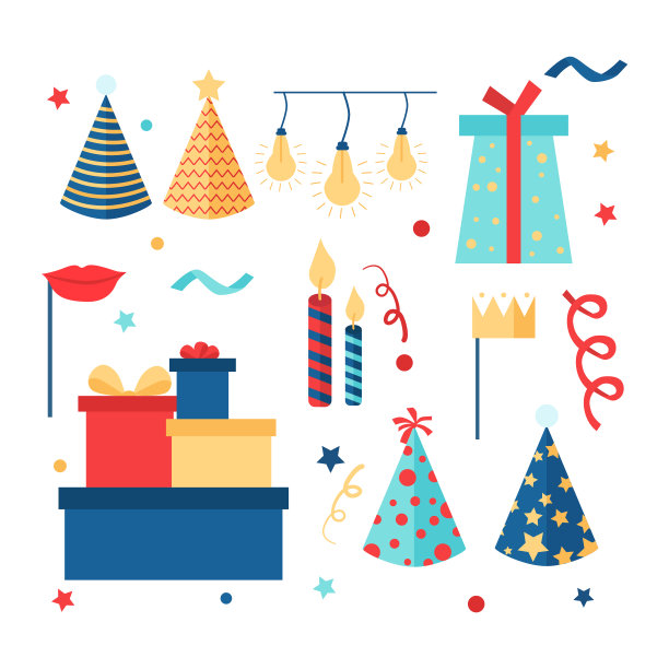 大型节日套剪纸。派对属性:派对帽子，花环，礼物，彩纸，嘴唇，蜡烛，王冠，礼物。平面矢量插图的聚会邀请，横幅，明信片。图片下载