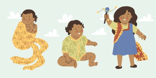 三个婴儿，新生儿，一岁婴儿，小孩。印度的婴儿。穿着传统印度服装的可爱孩子。人类的年龄。平面风格在矢量插图。襁褓中的婴儿睡着了。女孩玩。图片下载