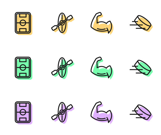 设置线健美者显示他的肌肉，足球场，皮艇和划桨和冰球图标。向量图片下载