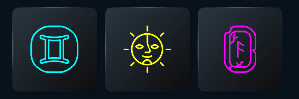 设定双子座星座，魔法符文和太阳的线。黑色方形按钮。向量图片下载