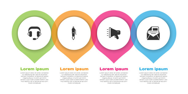 设置耳机，钢笔笔尖，扩音器和邮件和电子邮件。业务信息模板。向量图片下载