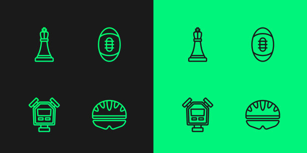 设置线自行车头盔，秒表，国际象棋和美式足球图标。向量图片下载