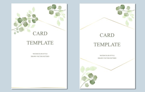 绿色的叶子和金色的几何设计元素。水彩。的婚礼。一套婚礼请柬，封面，回复，页面。向量。图片下载