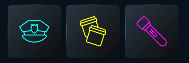 设置带帽徽的警帽、手电筒和塑料袋自封。黑色方形按钮。向量图片下载