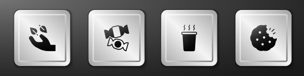 设置茶叶在手中，糖果，杯茶和饼干或饼干的图标。银广场按钮。向量图片下载