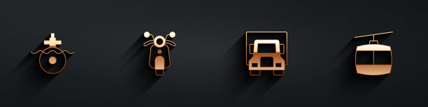 设置潜水艇，滑板车，货运卡车和电缆图标与长阴影。向量图片下载