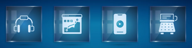 设置耳机，直方图摄影，在线播放视频和复古打字机。方形玻璃面板。向量图片下载