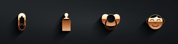 设置婴儿衣服针，奶瓶，奶嘴和小男孩头图标与长影子。向量图片下载